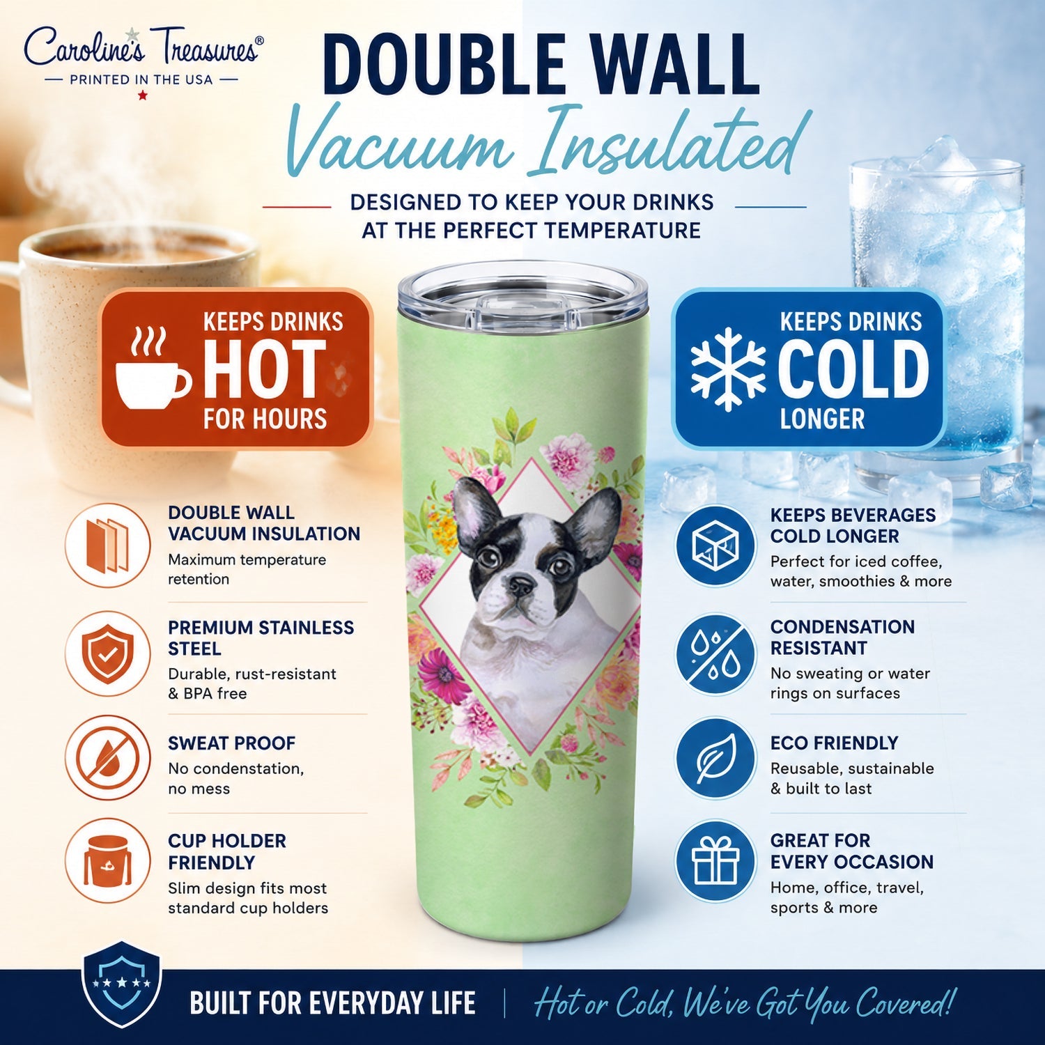 French Bulldog Green Flowers Stainless Steel Skinny Tumbler 20 oz Vacuum Double Walled Reusable Insulated Travel Cup