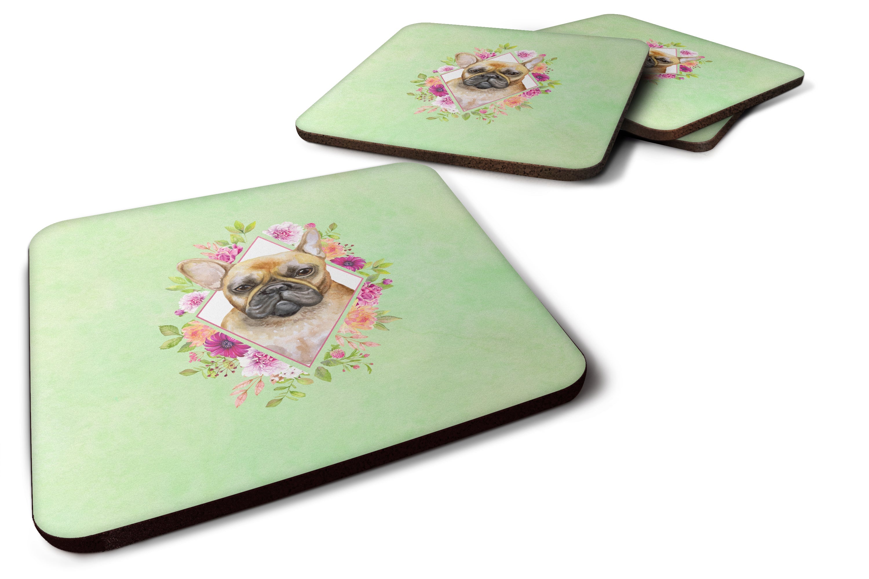 Fawn French Bulldog Green Flowers Foam Coasters Set of 4 Cup Coasters for Indoor Outdoor, Tabletop Protection, Anti Slip, Mouse pad Material