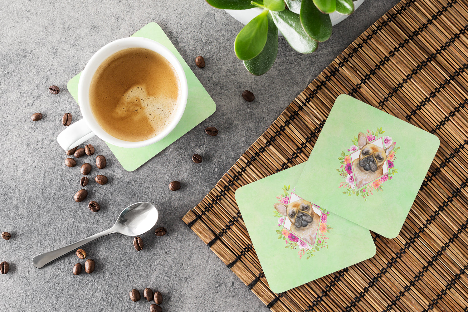 Fawn French Bulldog Green Flowers Foam Coasters Set of 4 Cup Coasters for Indoor Outdoor, Tabletop Protection, Anti Slip, Mouse pad Material