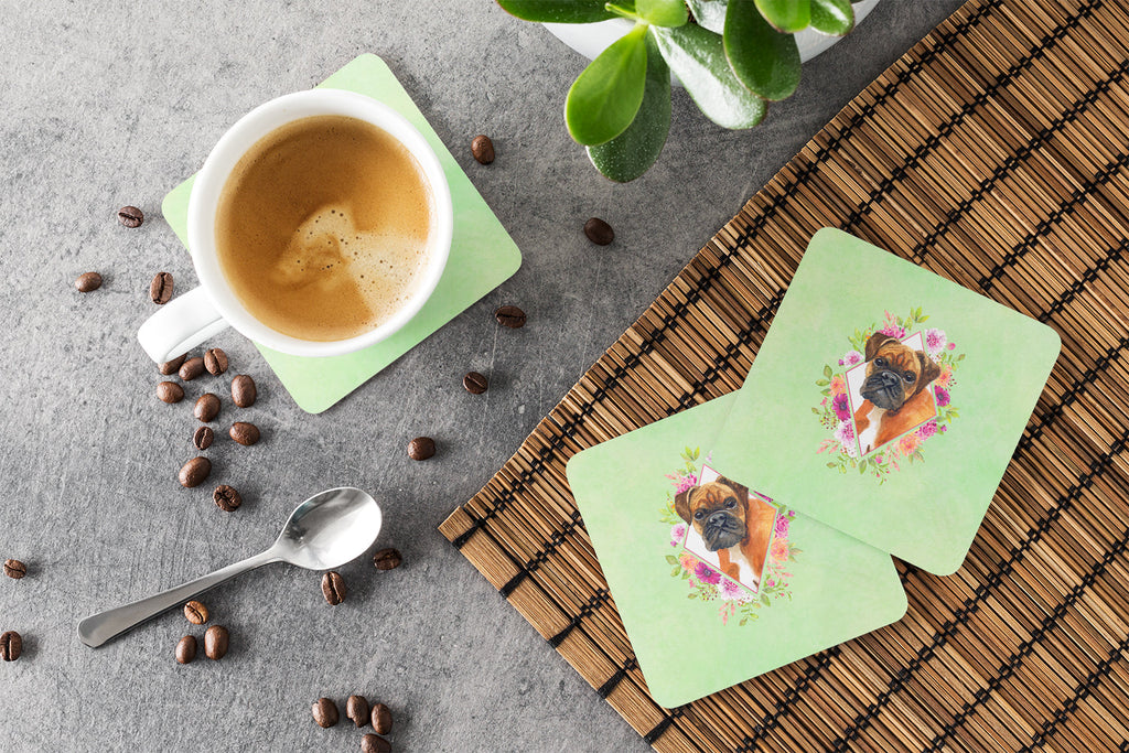 German Boxer Green Flowers Foam Coasters Set of 4 Cup Coasters for Indoor Outdoor, Tabletop Protection, Anti Slip, Mouse pad Material