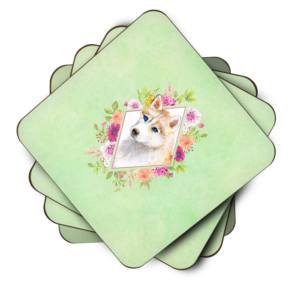 Red Siberian Husky Green Flowers Foam Coasters Set of 4 Cup Coasters for Indoor Outdoor, Tabletop Protection, Anti Slip, Mouse pad Material
