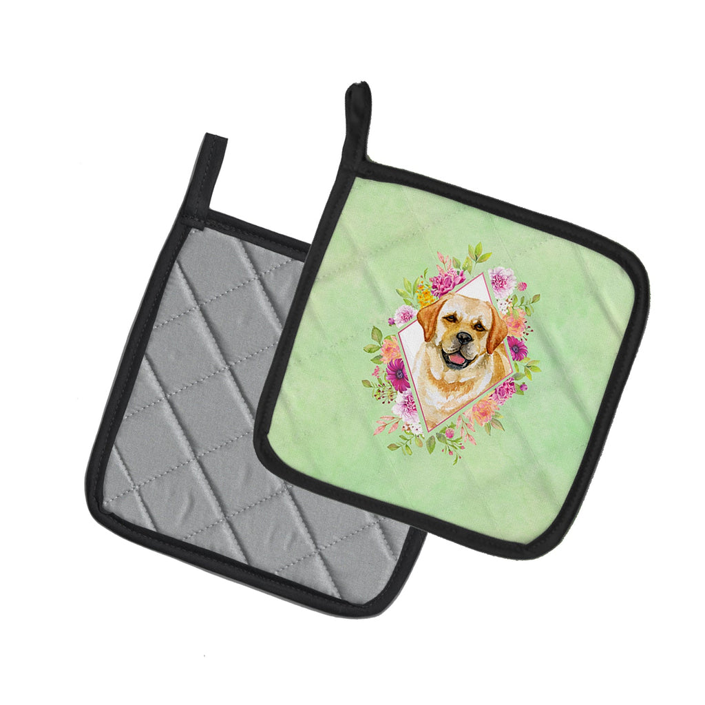 Golden Retriever Green Flowers Pot Holder Set of 2 Heat Resistant Quilted Hot Pads 7.5 x 7.5 Inch, Insulated Kitchen Trivets for Cooking & Baking