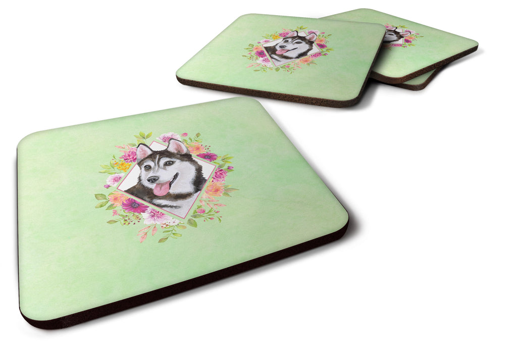 Siberian Husky #1 Green Flowers Foam Coasters Set of 4 Cup Coasters for Indoor Outdoor, Tabletop Protection, Anti Slip, Mouse pad Material