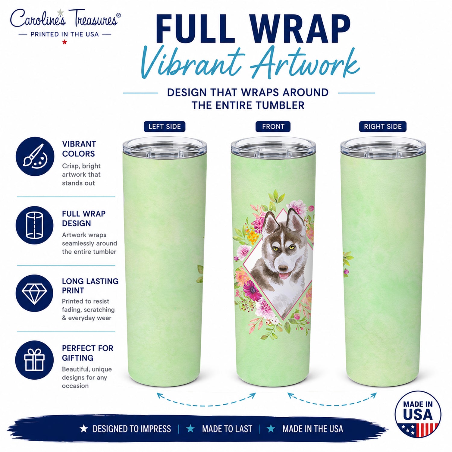 Siberian Husky #2 Green Flowers Stainless Steel Skinny Tumbler 20 oz Vacuum Double Walled Reusable Insulated Travel Cup