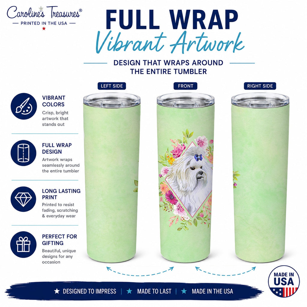 Maltese Green Flowers Stainless Steel Skinny Tumbler 20 oz Vacuum Double Walled Reusable Insulated Travel Cup