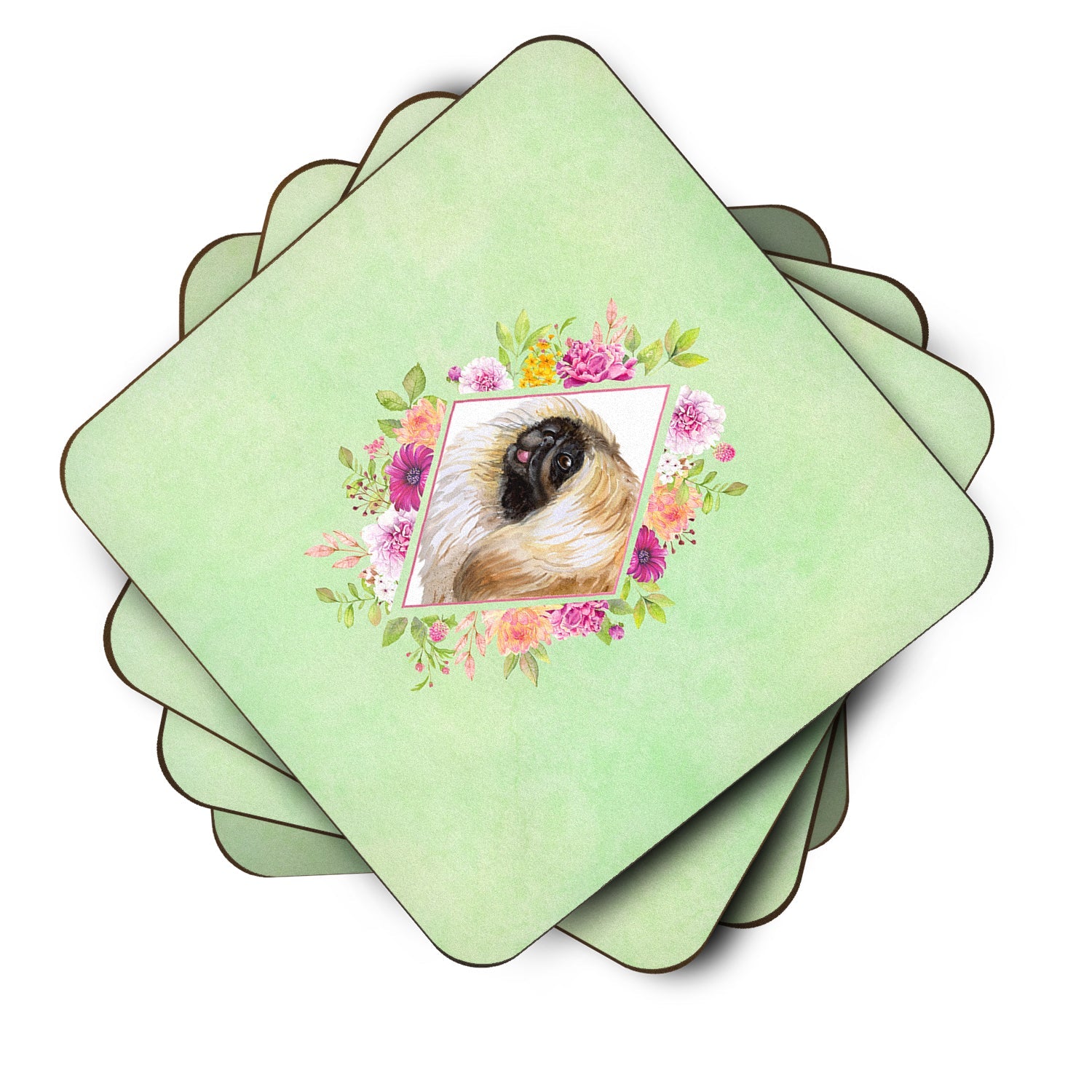 Pekingese Green Flowers Foam Coasters Set of 4 Cup Coasters for Indoor Outdoor, Tabletop Protection, Anti Slip, Mouse pad Material