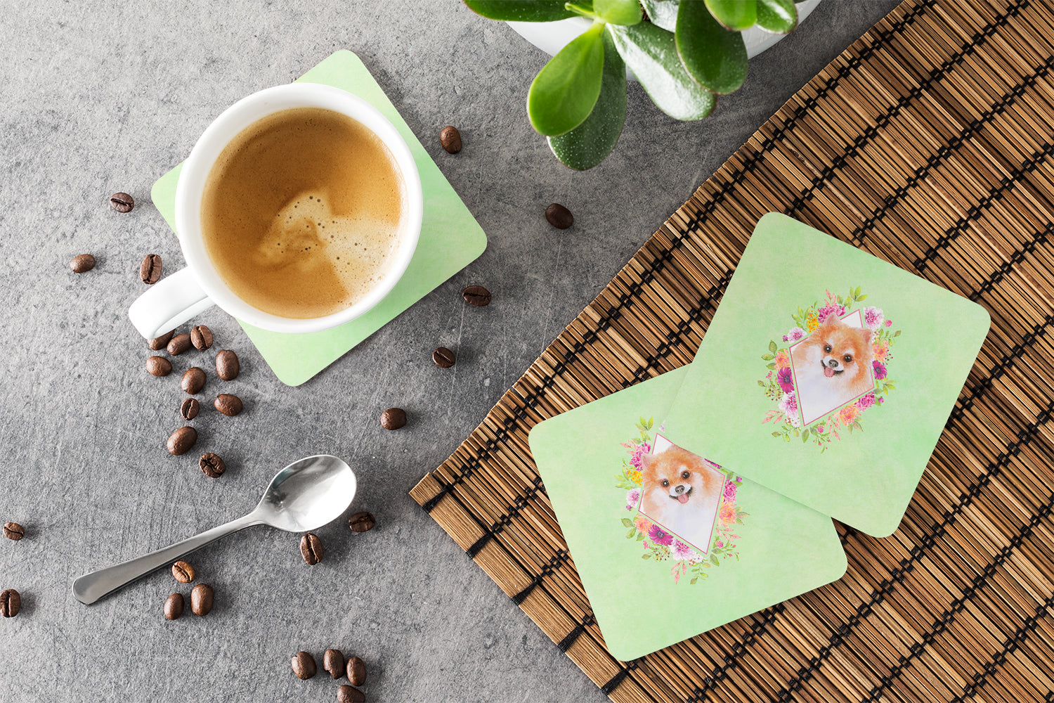 Pomeranian #1 Green Flowers Foam Coasters Set of 4 Cup Coasters for Indoor Outdoor, Tabletop Protection, Anti Slip, Mouse pad Material