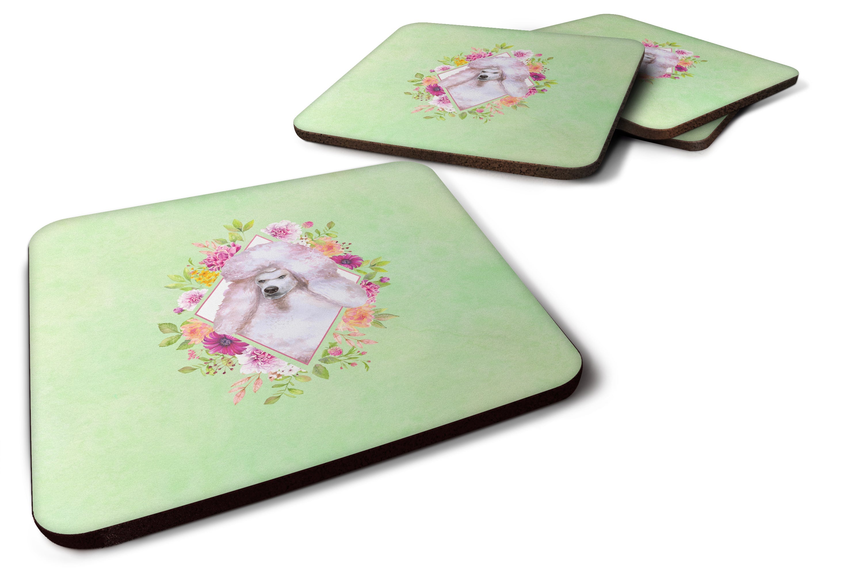 Standard White Poodle Green Flowers Foam Coasters Set of 4 Cup Coasters for Indoor Outdoor, Tabletop Protection, Anti Slip, Mouse pad Material