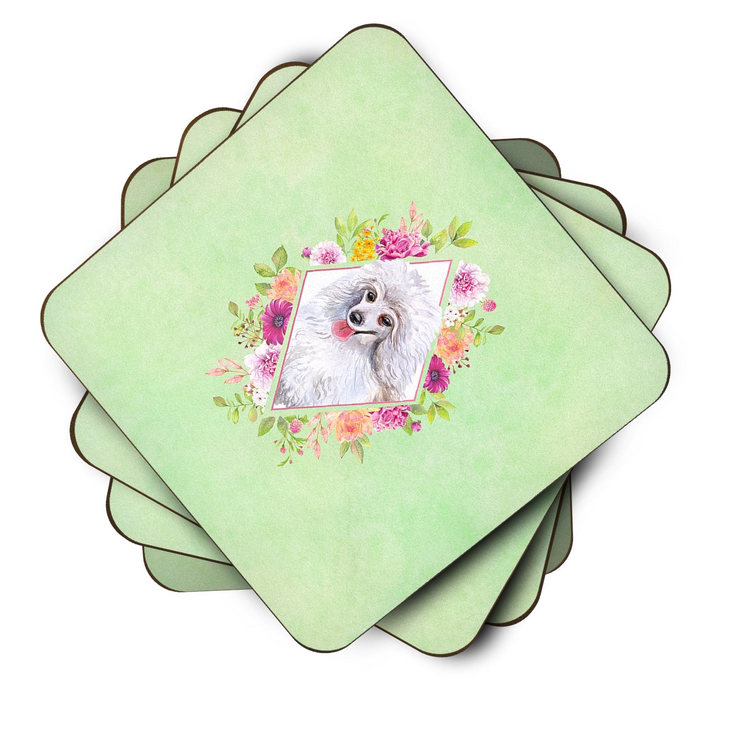 White Mini Poodle Green Flowers Foam Coasters Set of 4 Cup Coasters for Indoor Outdoor, Tabletop Protection, Anti Slip, Mouse pad Material