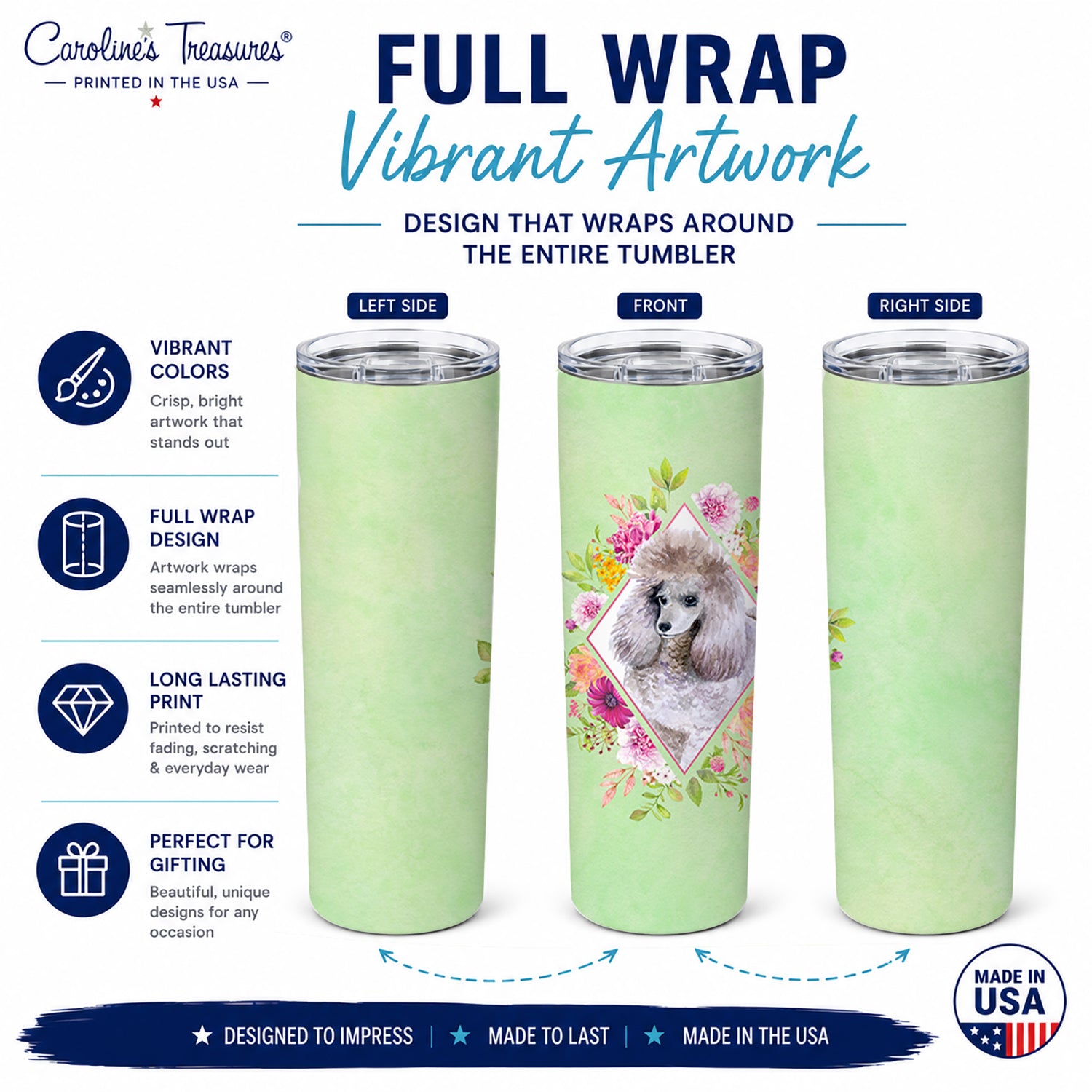 Standard Grey Poodle Green Flowers Stainless Steel Skinny Tumbler 20 oz Vacuum Double Walled Reusable Insulated Travel Cup