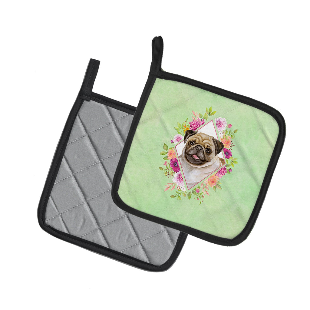Fawn Pug Green Flowers Pot Holder Set of 2 Heat Resistant Quilted Hot Pads 7.5 x 7.5 Inch, Insulated Kitchen Trivets for Cooking & Baking