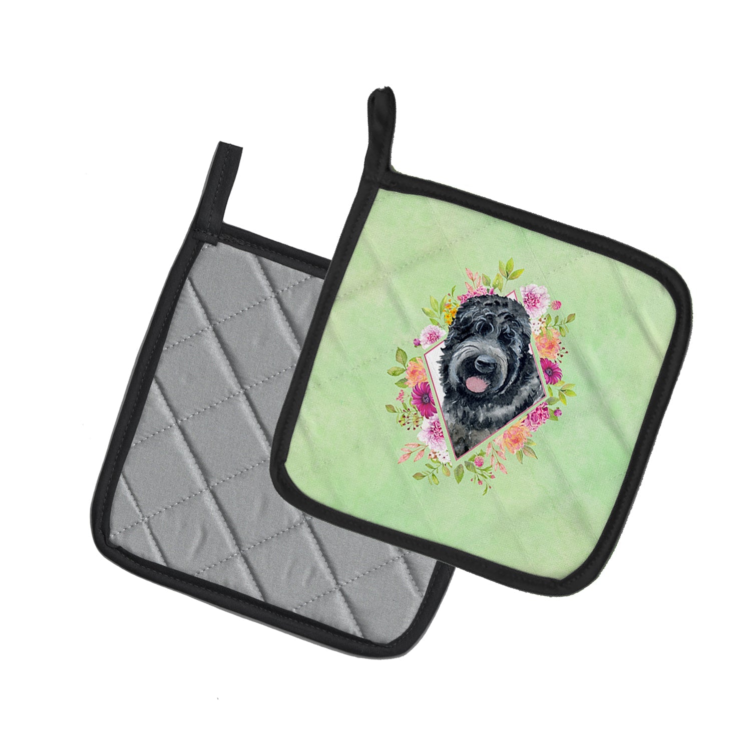 Russian Black Terrier Green Flowers Pot Holder Set of 2 Heat Resistant Quilted Hot Pads 7.5 x 7.5 Inch, Insulated Kitchen Trivets for Cooking & Baking