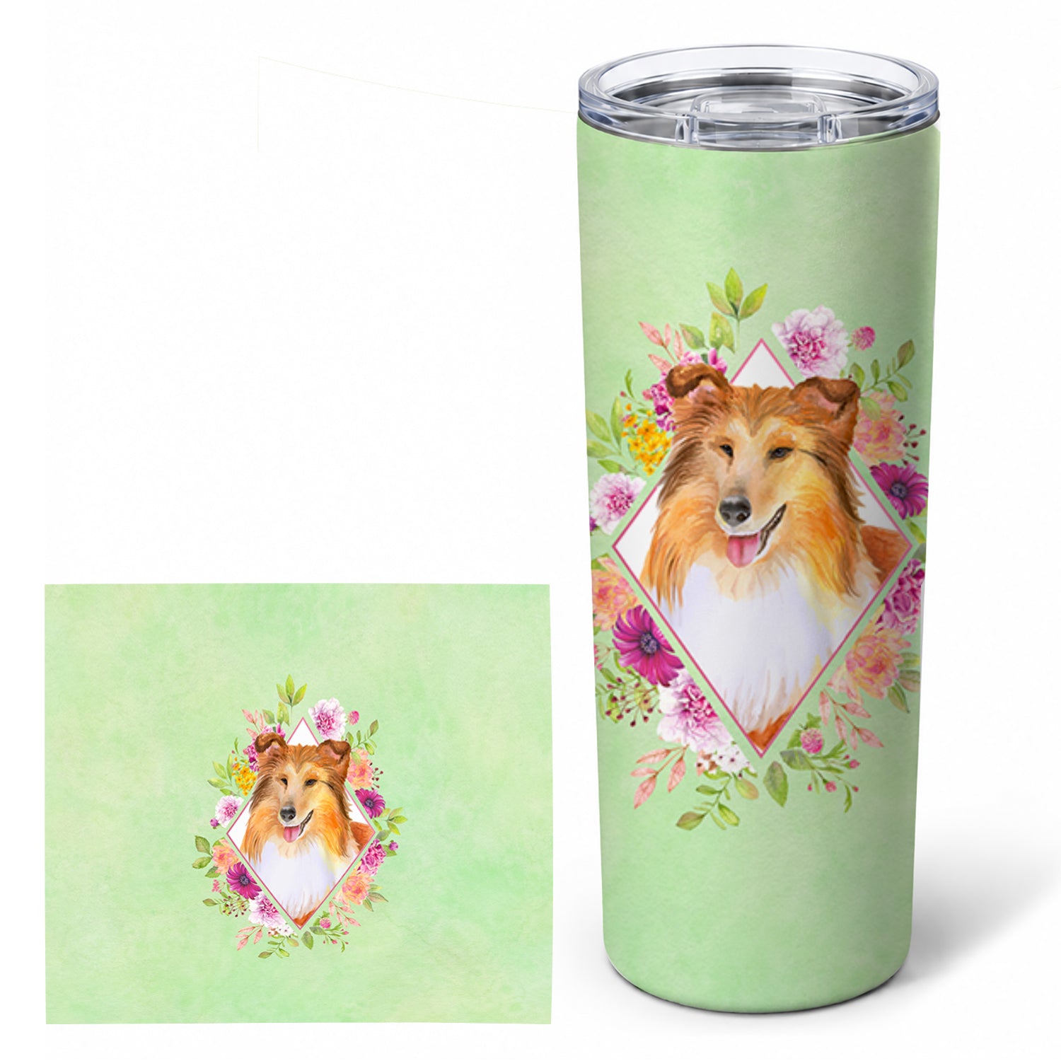 Sheltie Shetland Sheepdog Green Flowers Stainless Steel Skinny Tumbler 20 oz Vacuum Double Walled Reusable Insulated Travel Cup