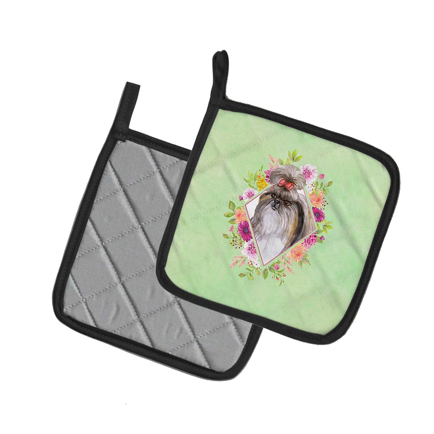 Shih Tzu Green Flowers Pot Holder Set of 2 Heat Resistant Quilted Hot Pads 7.5 x 7.5 Inch, Insulated Kitchen Trivets for Cooking & Baking