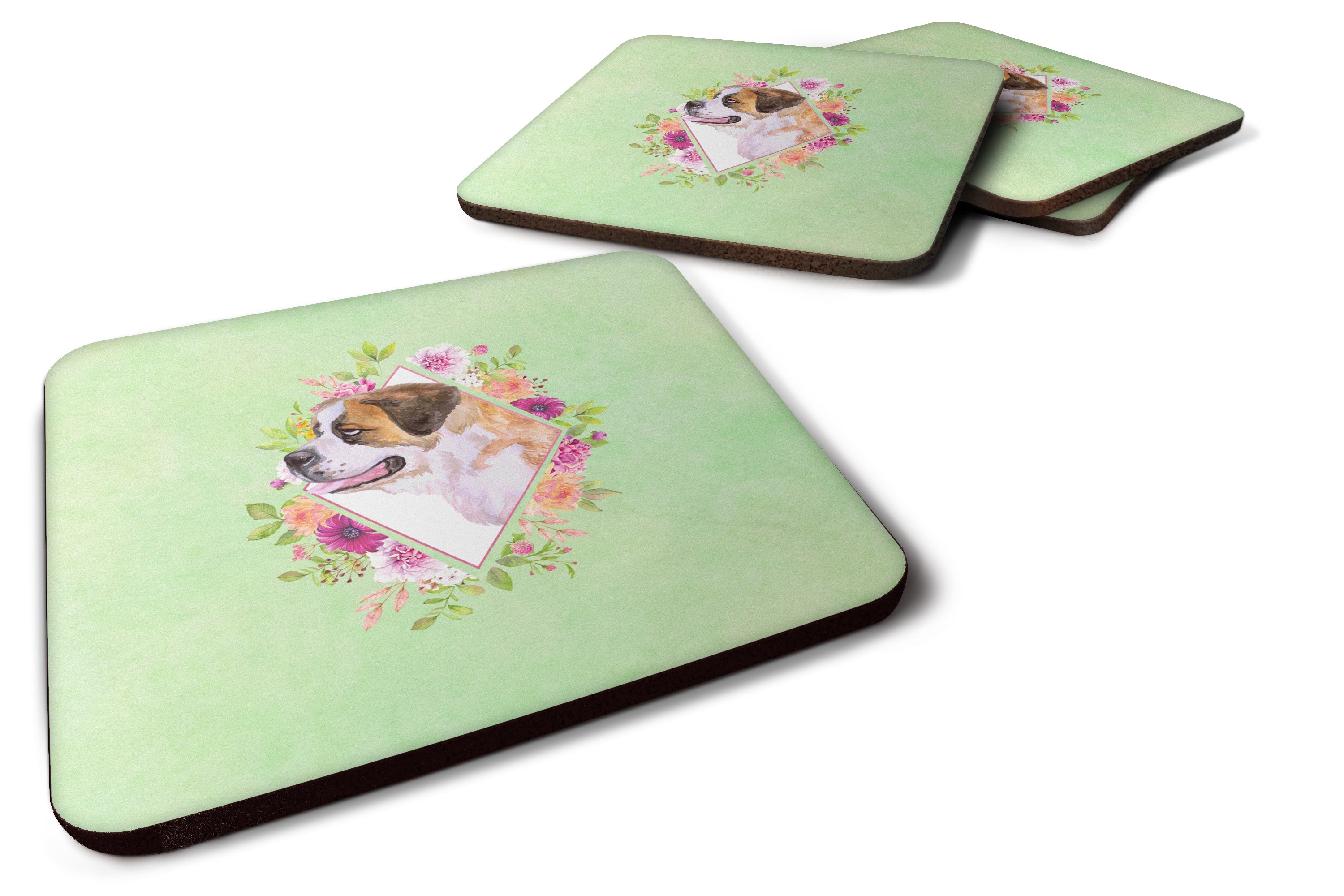Saint Bernard #1 Green Flowers Foam Coasters Set of 4 Cup Coasters for Indoor Outdoor, Tabletop Protection, Anti Slip, Mouse pad Material