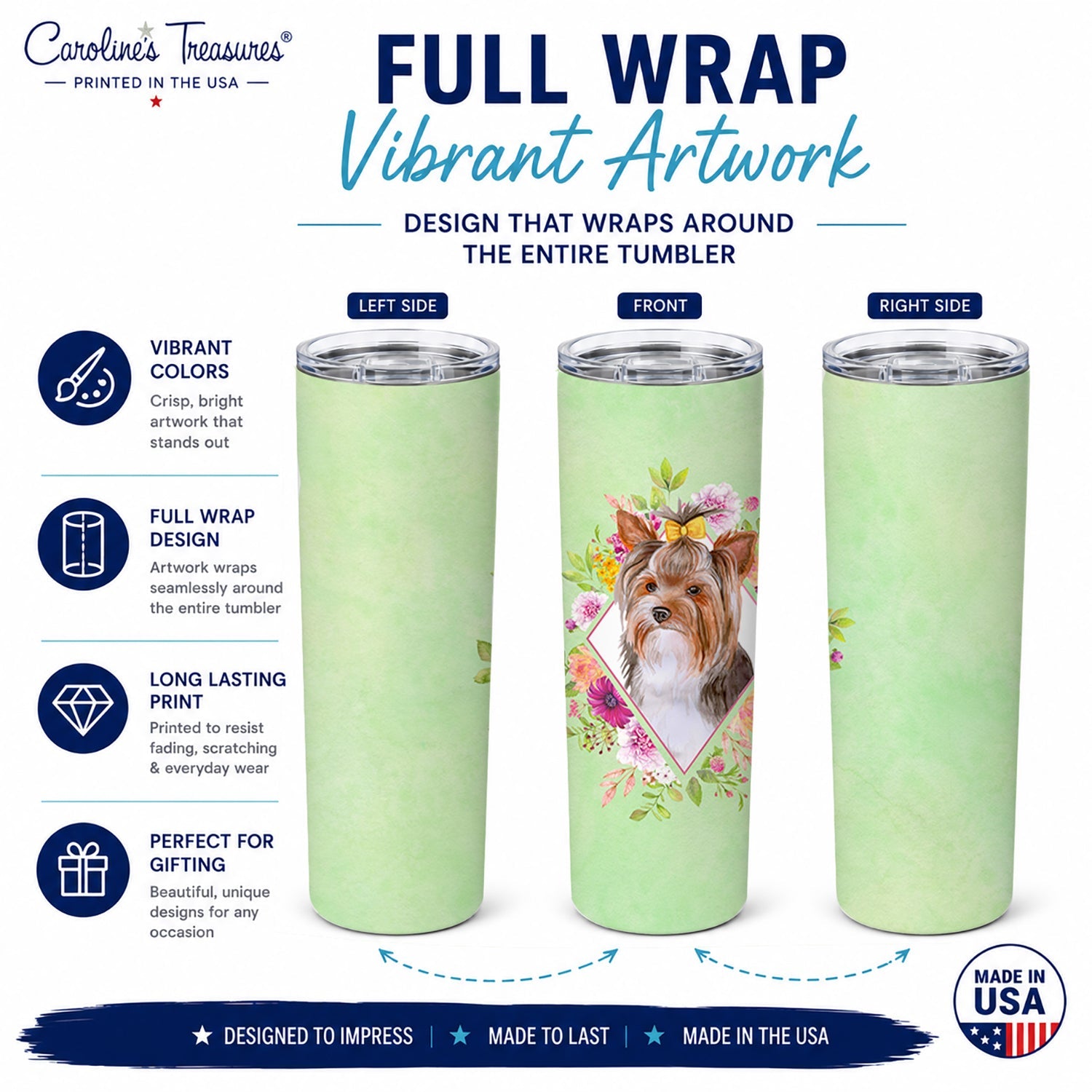 Yorkshire Terrier #1 Green Flowers Stainless Steel Skinny Tumbler 20 oz Vacuum Double Walled Reusable Insulated Travel Cup