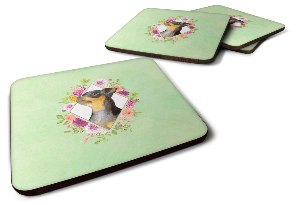 Black Miniature Pinscher Green Flowers Foam Coasters Set of 4 Cup Coasters for Indoor Outdoor, Tabletop Protection, Anti Slip, Mouse pad Material