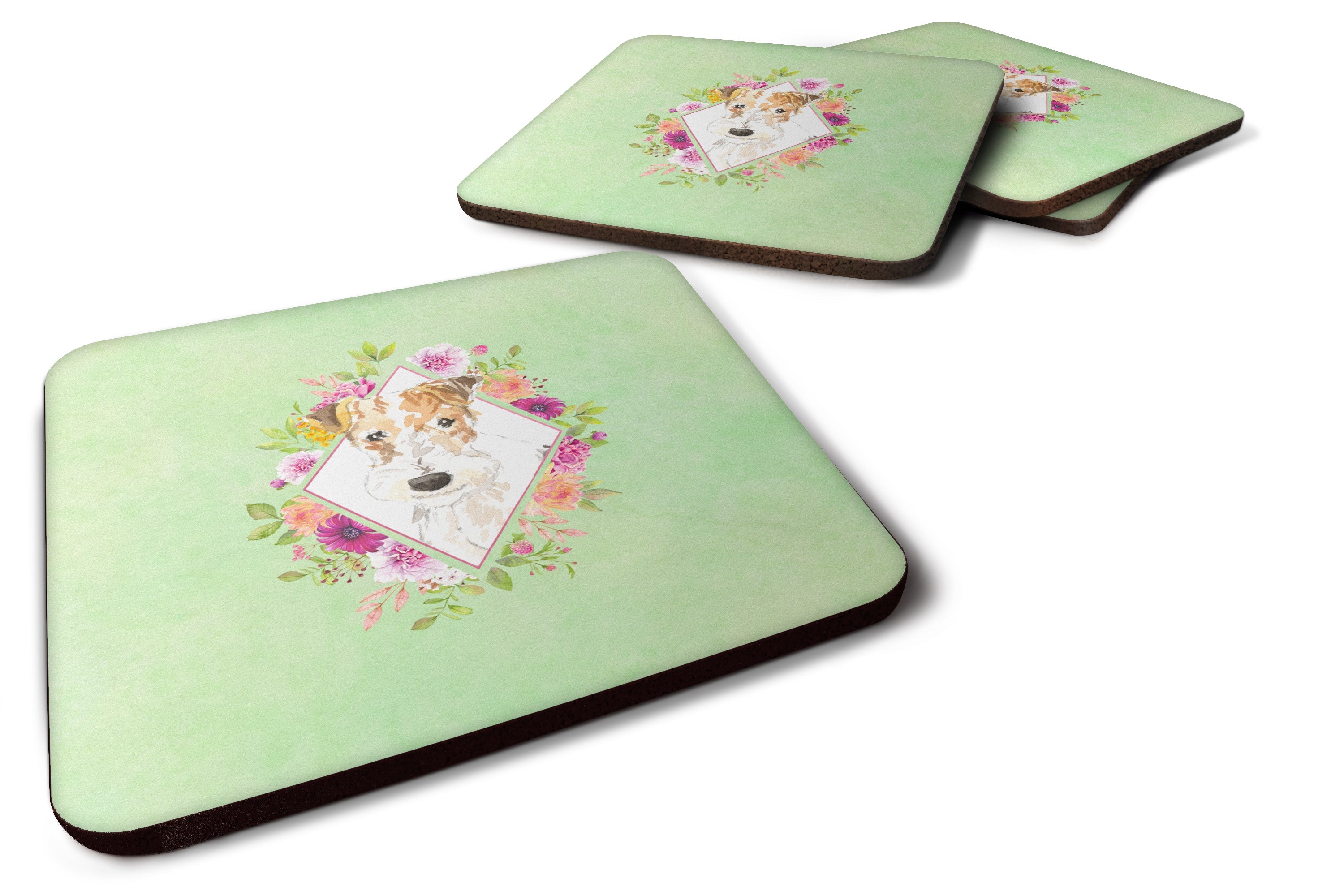 Fox Terrier Green Flowers Foam Coasters Set of 4 Cup Coasters for Indoor Outdoor, Tabletop Protection, Anti Slip, Mouse pad Material