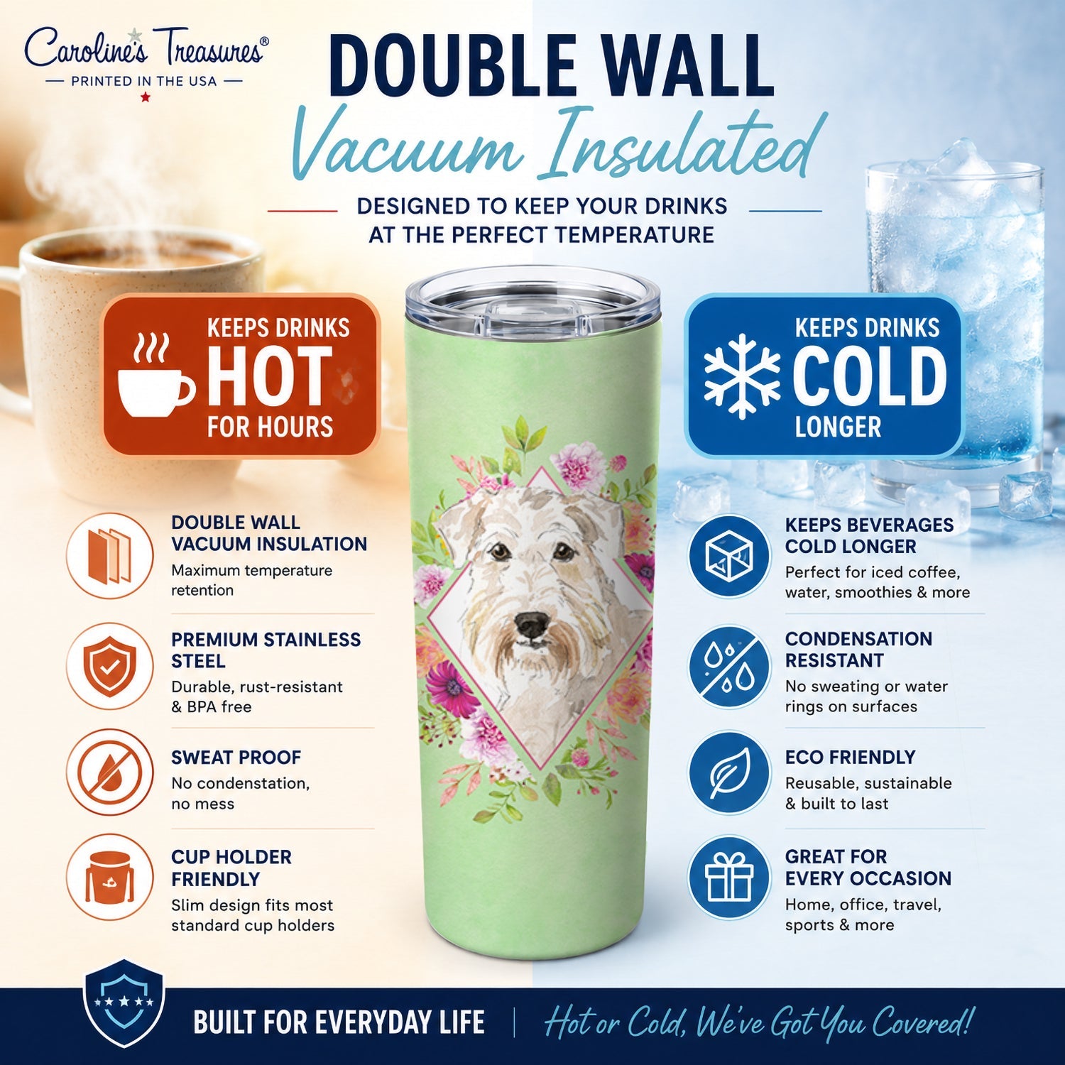 Wheaten Terrier Green Flowers Stainless Steel Skinny Tumbler 20 oz Vacuum Double Walled Reusable Insulated Travel Cup