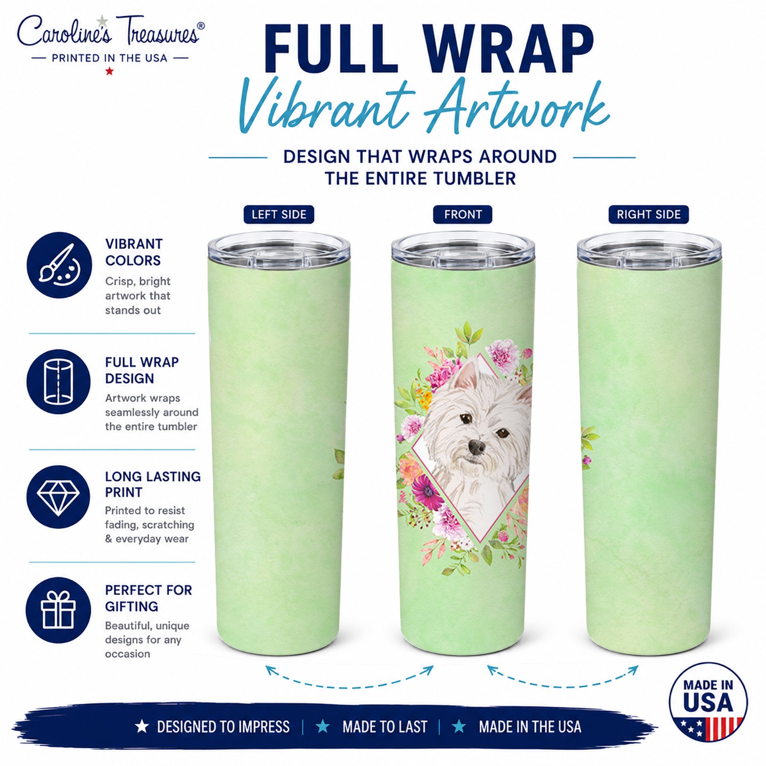 Westie  Green Flowers Stainless Steel Skinny Tumbler 20 oz Vacuum Double Walled Reusable Insulated Travel Cup