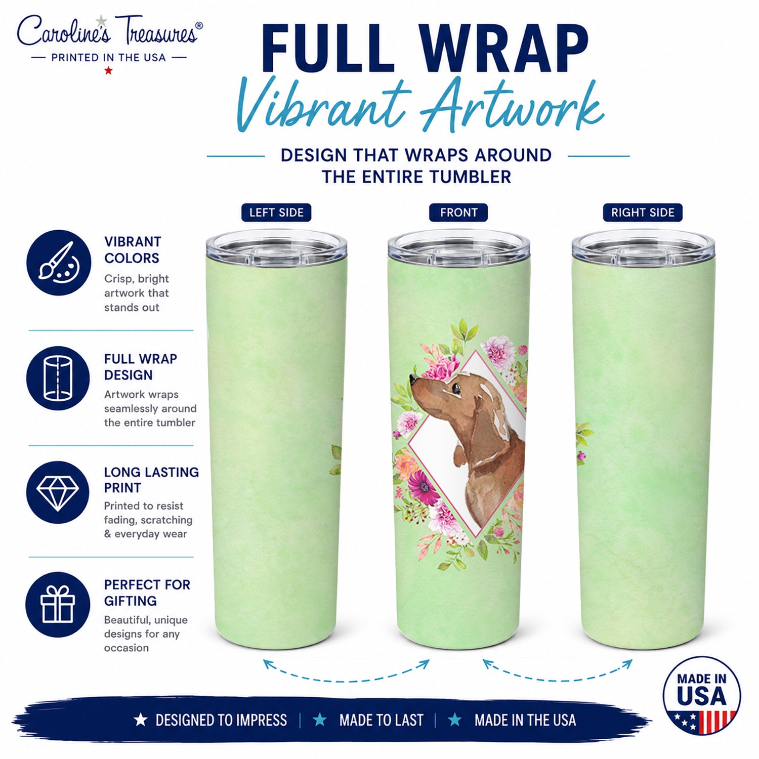 Dachshund Green Flowers Stainless Steel Skinny Tumbler 20 oz Vacuum Double Walled Reusable Insulated Travel Cup