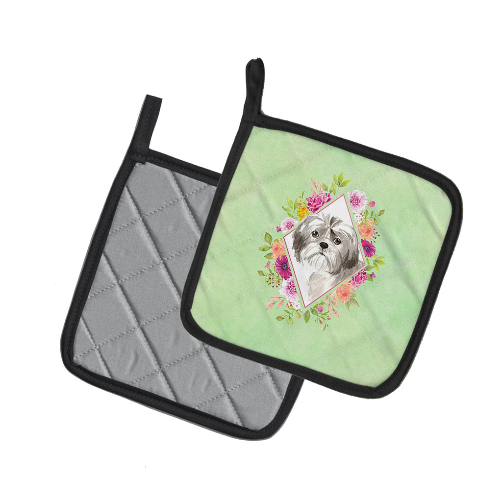 Shih Tzu Puppy Green Flowers Pot Holder Set of 2 Heat Resistant Quilted Hot Pads 7.5 x 7.5 Inch, Insulated Kitchen Trivets for Cooking & Baking