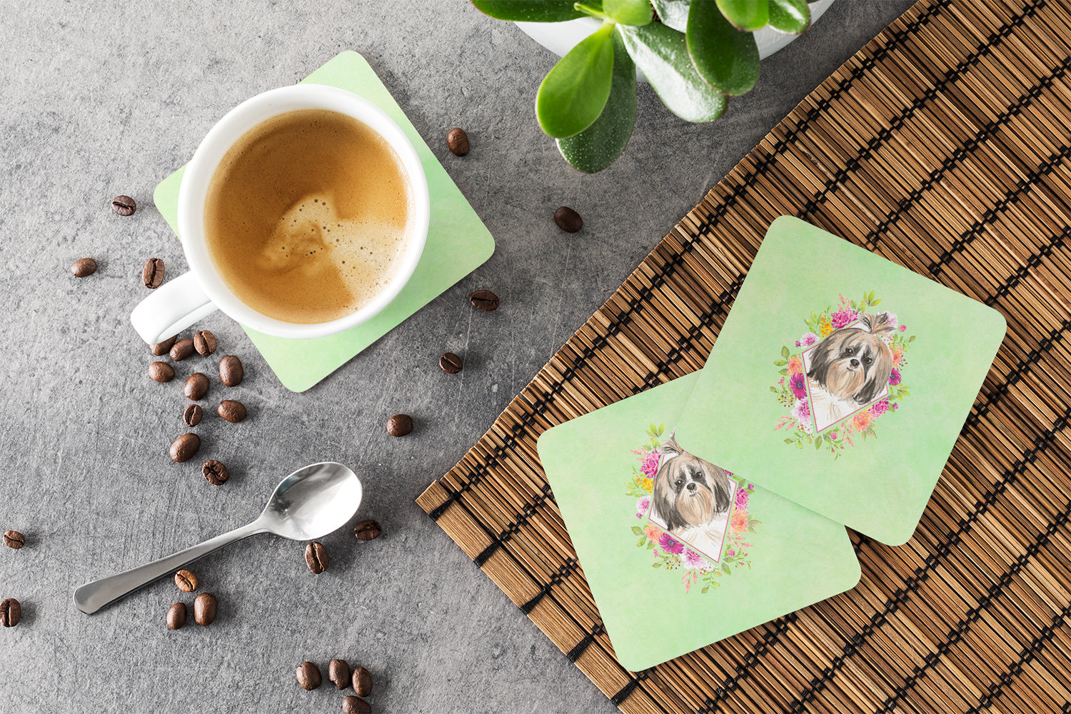 Shih Tzu Green Flowers Foam Coasters Set of 4 Cup Coasters for Indoor Outdoor, Tabletop Protection, Anti Slip, Mouse pad Material
