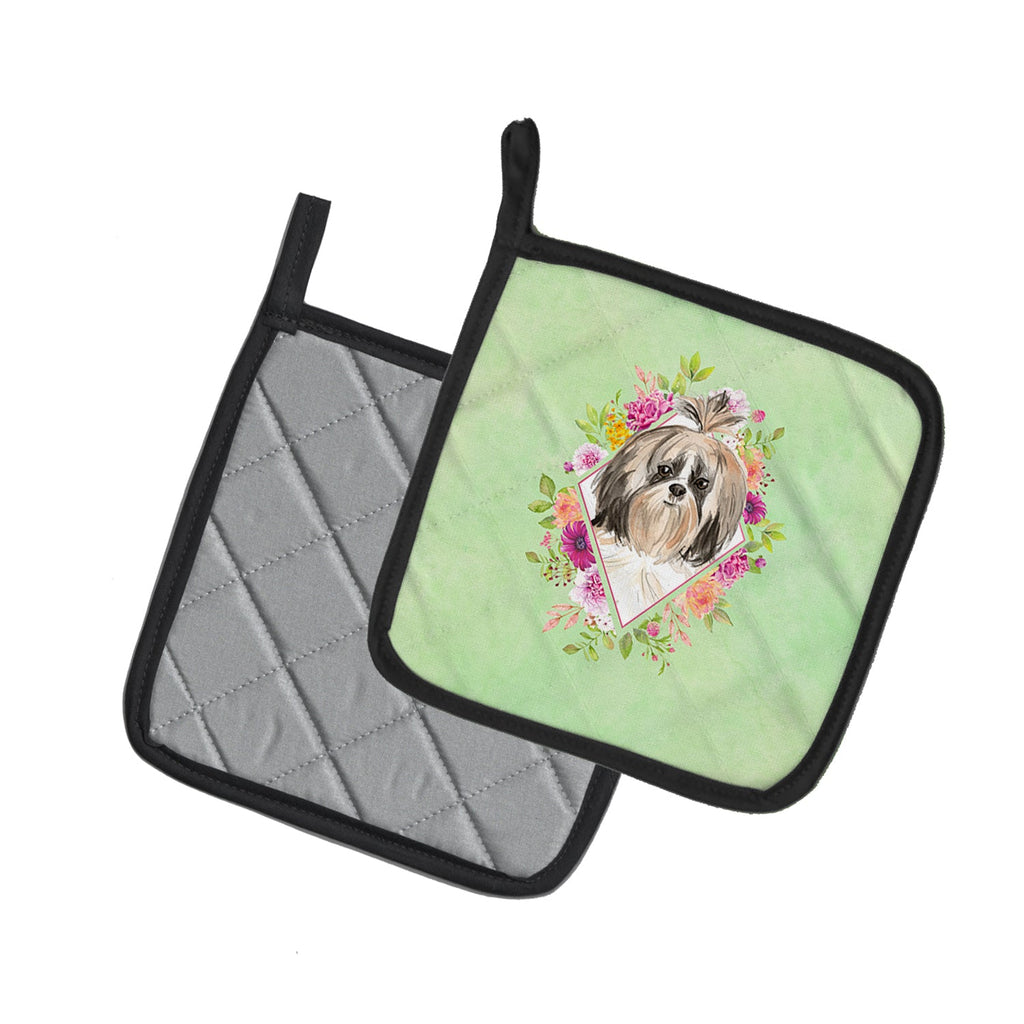 Shih Tzu Green Flowers Pot Holder Set of 2 Heat Resistant Quilted Hot Pads 7.5 x 7.5 Inch, Insulated Kitchen Trivets for Cooking & Baking
