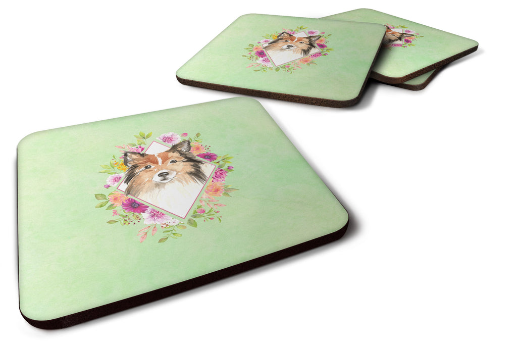 Sheltie Green Flowers Foam Coasters Set of 4 Cup Coasters for Indoor Outdoor, Tabletop Protection, Anti Slip, Mouse pad Material