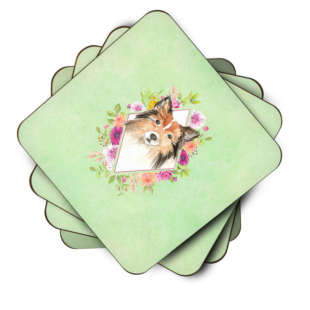 Sheltie Green Flowers Foam Coasters Set of 4 Cup Coasters for Indoor Outdoor, Tabletop Protection, Anti Slip, Mouse pad Material