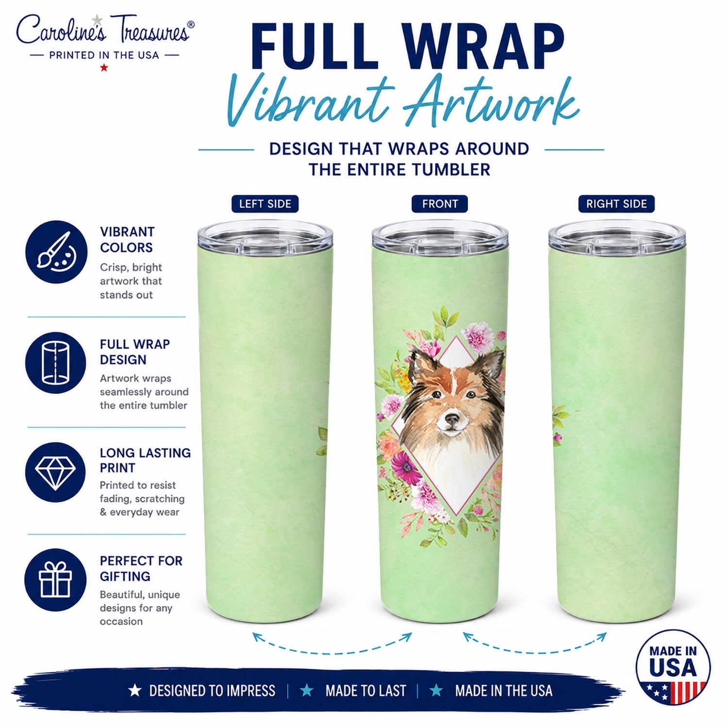 Sheltie Green Flowers Stainless Steel Skinny Tumbler 20 oz Vacuum Double Walled Reusable Insulated Travel Cup