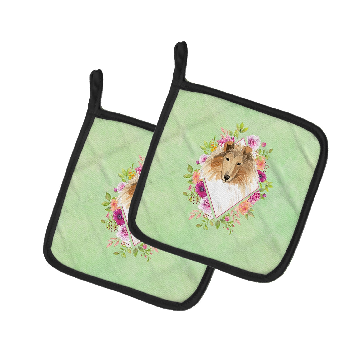 Collie Green Flowers Pot Holder Set of 2 Heat Resistant Quilted Hot Pads 7.5 x 7.5 Inch, Insulated Kitchen Trivets for Cooking & Baking