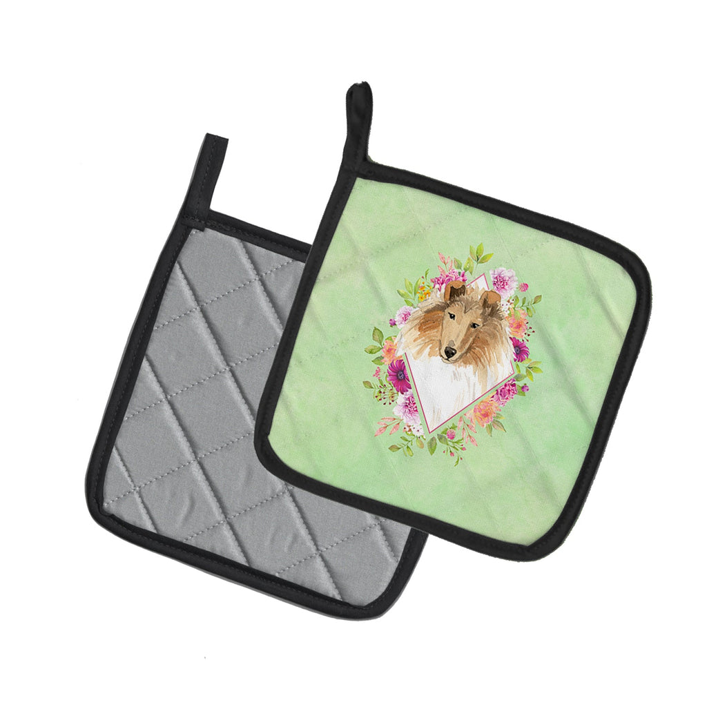 Collie Green Flowers Pot Holder Set of 2 Heat Resistant Quilted Hot Pads 7.5 x 7.5 Inch, Insulated Kitchen Trivets for Cooking & Baking