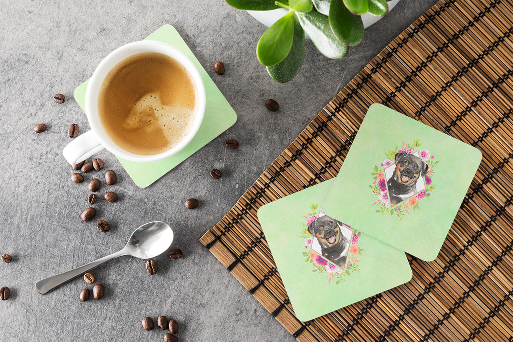 Rottweiler Green Flowers Foam Coasters Set of 4 Cup Coasters for Indoor Outdoor, Tabletop Protection, Anti Slip, Mouse pad Material