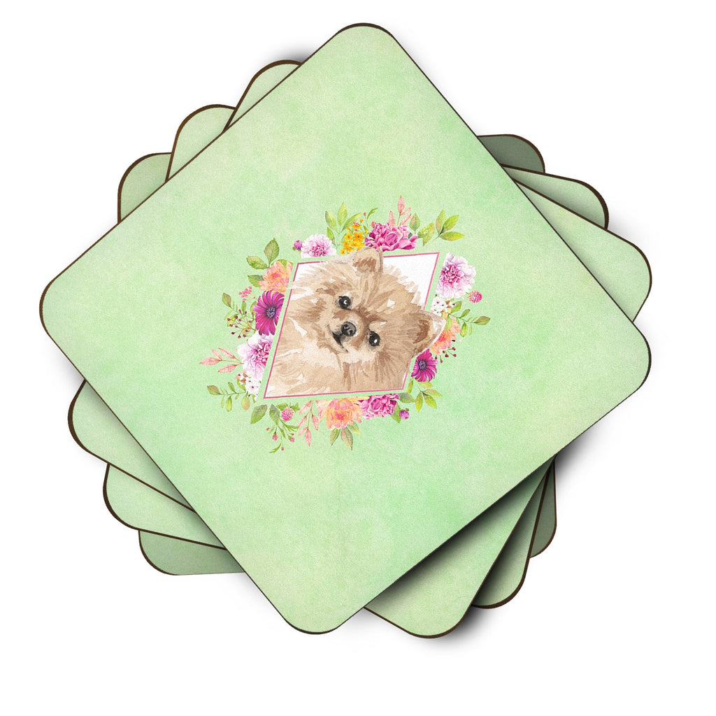 Pomeranian Green Flowers Foam Coasters Set of 4 Cup Coasters for Indoor Outdoor, Tabletop Protection, Anti Slip, Mouse pad Material