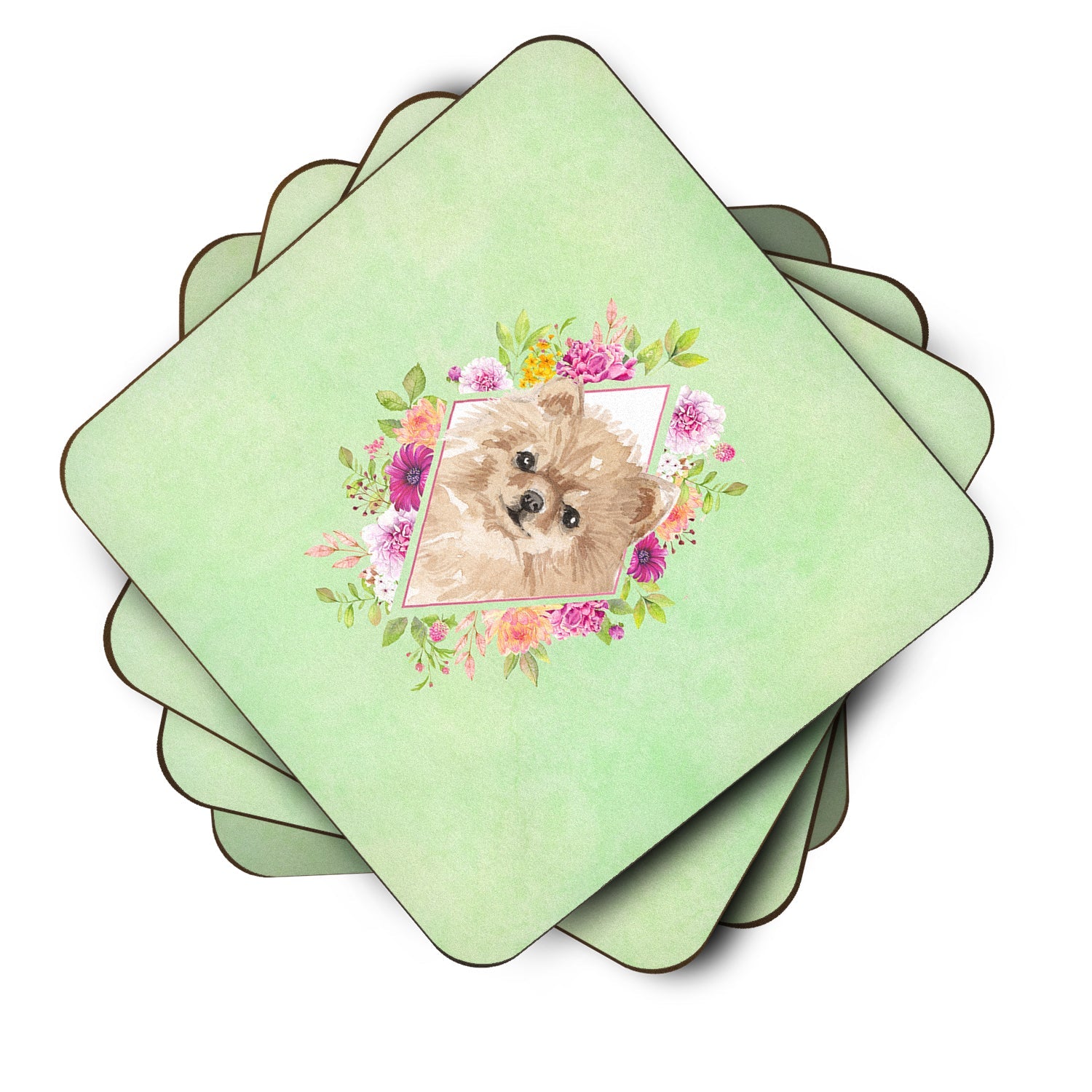 Pomeranian Green Flowers Foam Coasters Set of 4 Cup Coasters for Indoor Outdoor, Tabletop Protection, Anti Slip, Mouse pad Material