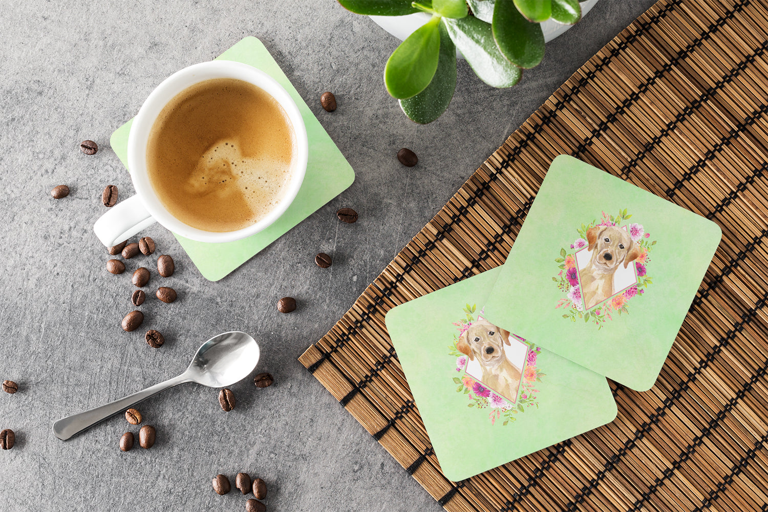 Yellow Lab Green Flowers Foam Coasters Set of 4 Cup Coasters for Indoor Outdoor, Tabletop Protection, Anti Slip, Mouse pad Material