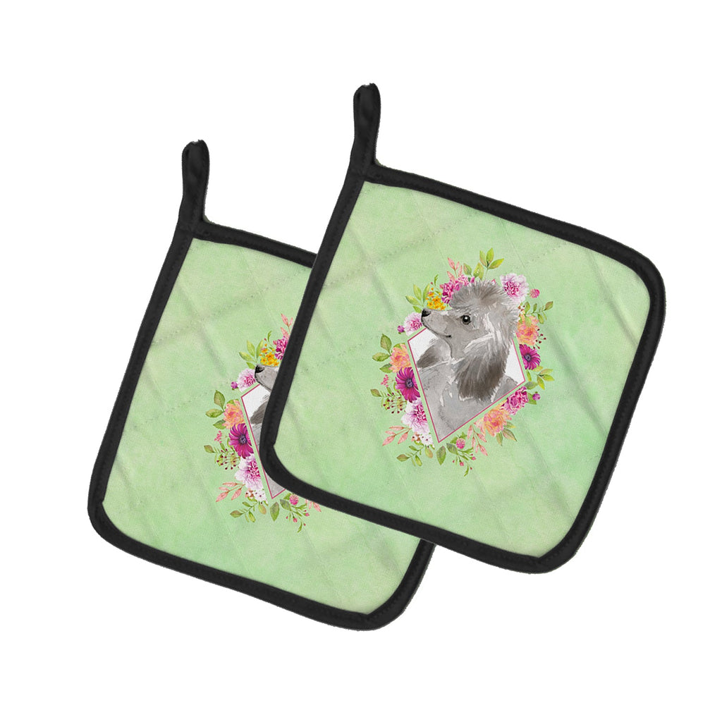 Grey Standard Poodle Green Flowers Pot Holder Set of 2 Heat Resistant Quilted Hot Pads 7.5 x 7.5 Inch, Insulated Kitchen Trivets for Cooking & Baking