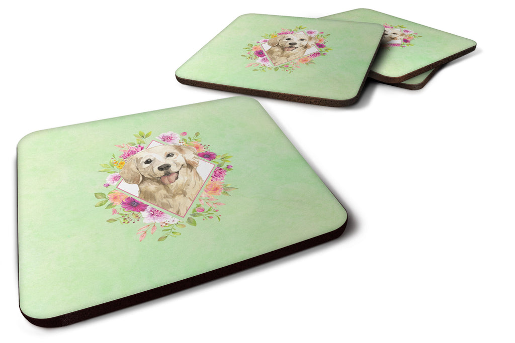 Golden Retriever Green Flowers Foam Coasters Set of 4 Cup Coasters for Indoor Outdoor, Tabletop Protection, Anti Slip, Mouse pad Material