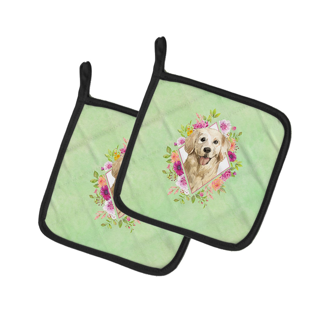 Golden Retriever Green Flowers Pot Holder Set of 2 Heat Resistant Quilted Hot Pads 7.5 x 7.5 Inch, Insulated Kitchen Trivets for Cooking & Baking