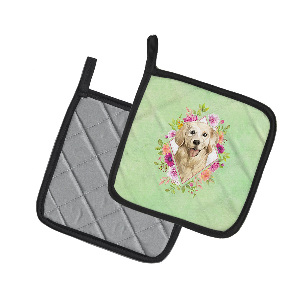 Golden Retriever Green Flowers Pot Holder Set of 2 Heat Resistant Quilted Hot Pads 7.5 x 7.5 Inch, Insulated Kitchen Trivets for Cooking & Baking