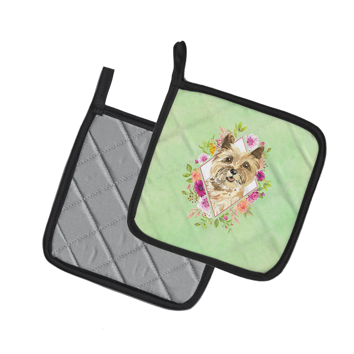 Cairn Terrier Green Flowers Pot Holder Set of 2 Heat Resistant Quilted Hot Pads 7.5 x 7.5 Inch, Insulated Kitchen Trivets for Cooking & Baking