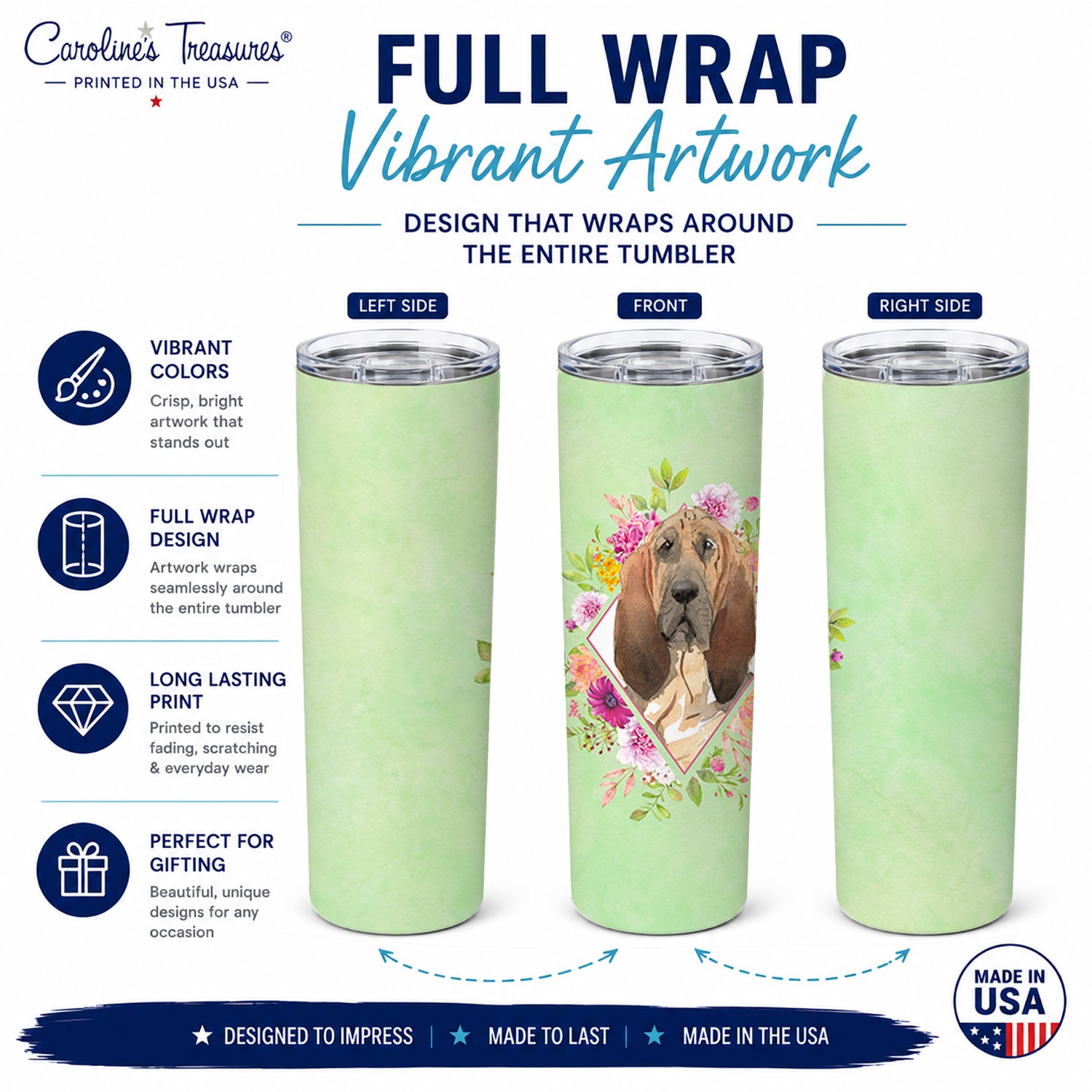 Bloodhound Green Flowers Stainless Steel Skinny Tumbler 20 oz Vacuum Double Walled Reusable Insulated Travel Cup