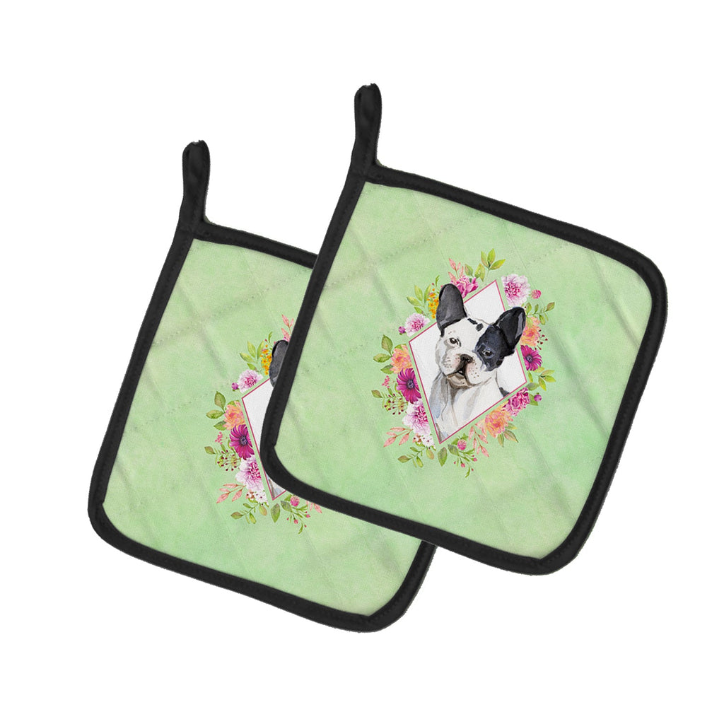 Black and White Frenchie Green Flowers Pot Holder Set of 2 Heat Resistant Quilted Hot Pads 7.5 x 7.5 Inch, Insulated Kitchen Trivets for Cooking & Baking