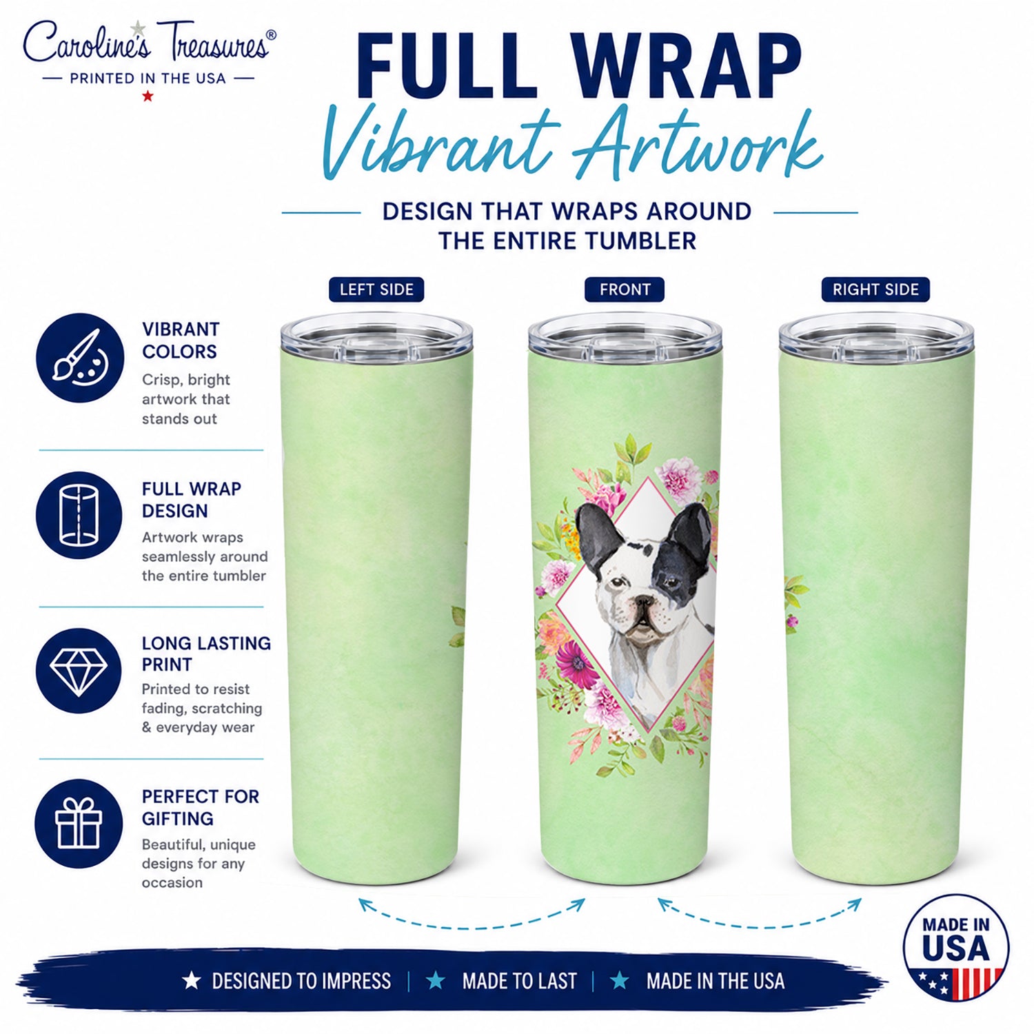 Black and White Frenchie Green Flowers Stainless Steel Skinny Tumbler 20 oz Vacuum Double Walled Reusable Insulated Travel Cup