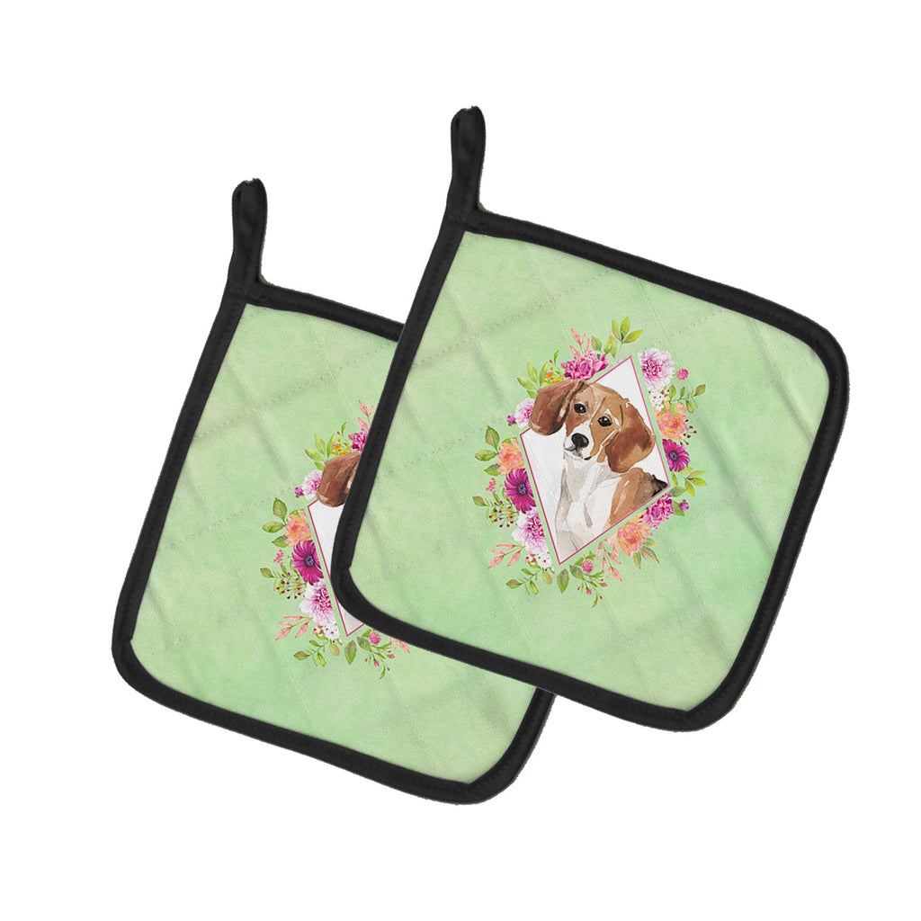 Beagle Green Flowers Pot Holder Set of 2 Heat Resistant Quilted Hot Pads 7.5 x 7.5 Inch, Insulated Kitchen Trivets for Cooking & Baking