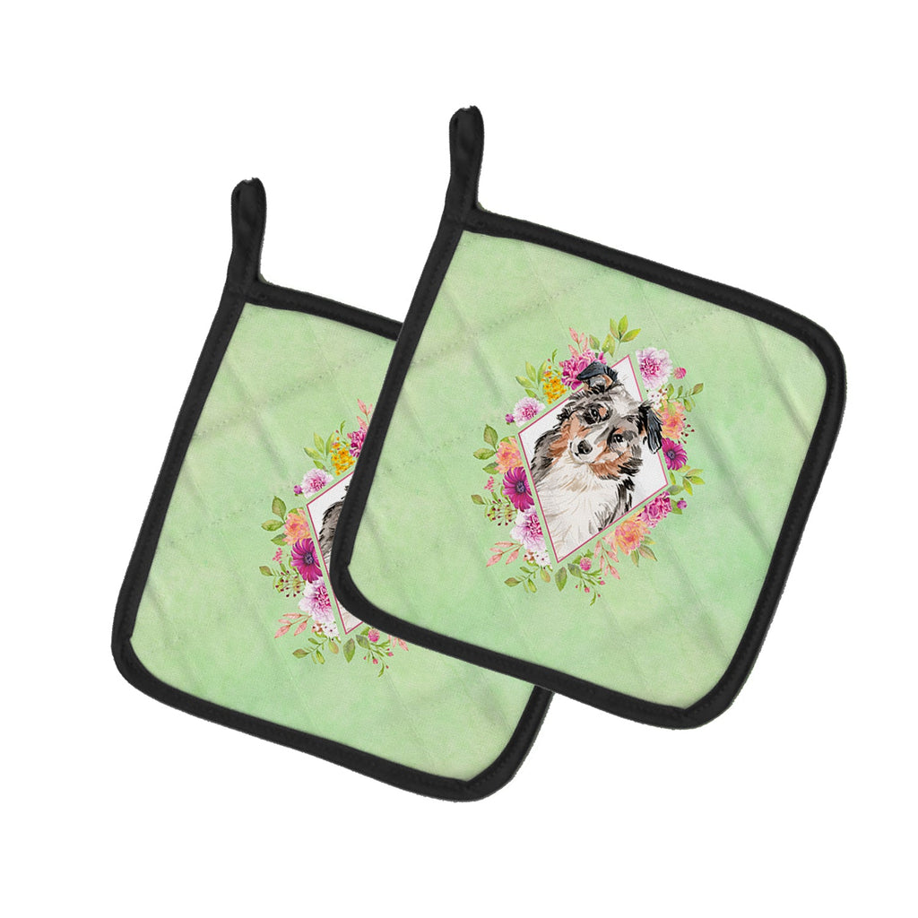 Australian Shepherd Green Flowers Pot Holder Set of 2 Heat Resistant Quilted Hot Pads 7.5 x 7.5 Inch, Insulated Kitchen Trivets for Cooking & Baking