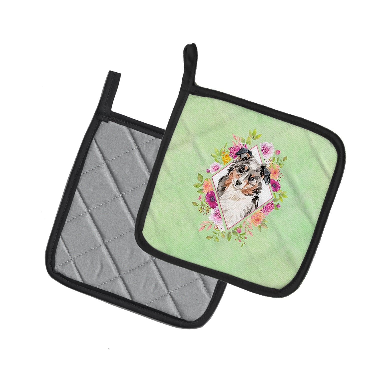 Australian Shepherd Green Flowers Pot Holder Set of 2 Heat Resistant Quilted Hot Pads 7.5 x 7.5 Inch, Insulated Kitchen Trivets for Cooking & Baking