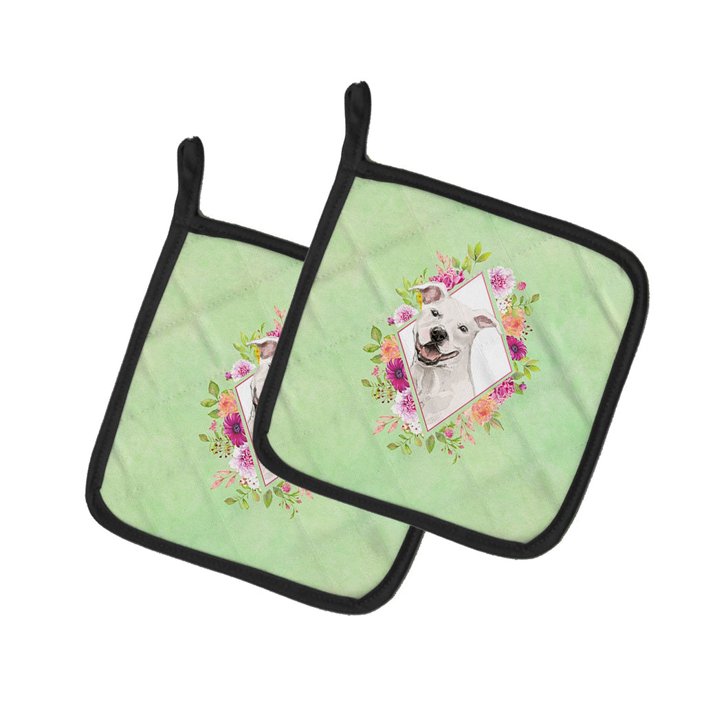 White Pit Bull Terrier Green Flowers Pot Holder Set of 2 Heat Resistant Quilted Hot Pads 7.5 x 7.5 Inch, Insulated Kitchen Trivets for Cooking & Baking