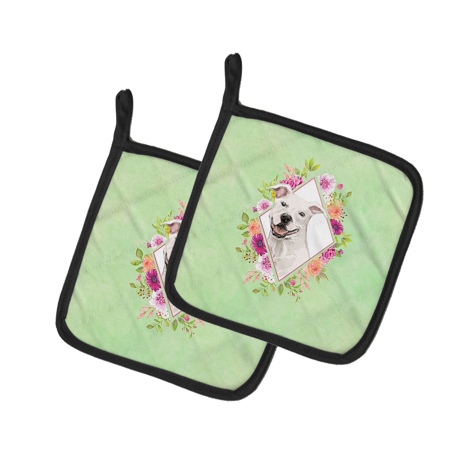 White Pit Bull Terrier Green Flowers Pot Holder Set of 2 Heat Resistant Quilted Hot Pads 7.5 x 7.5 Inch, Insulated Kitchen Trivets for Cooking & Baking